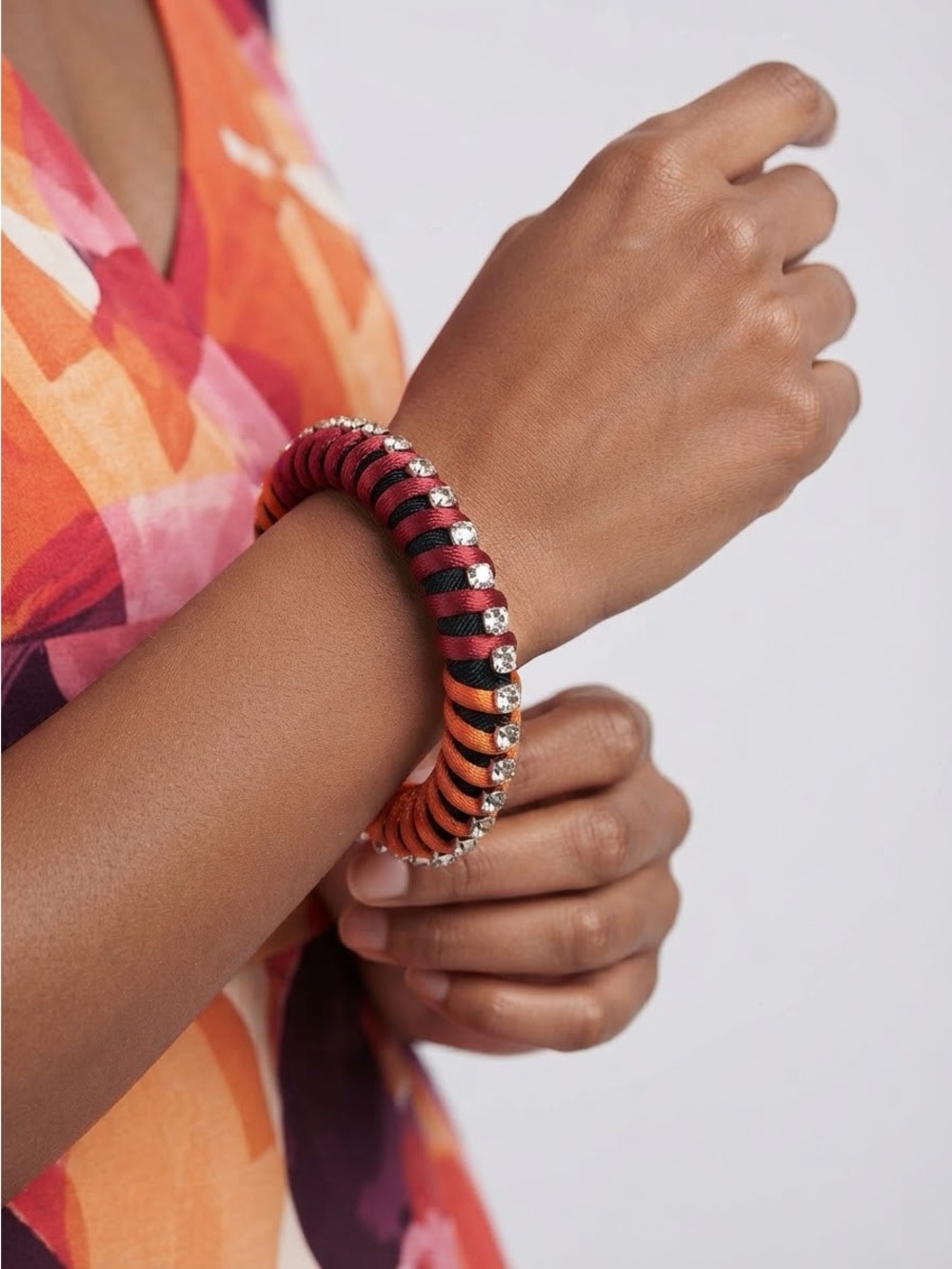 Orange Hot Pink Silk Thread Bangle | Rhinestone Chain Border Statement Bangle - Picture 5 of 14